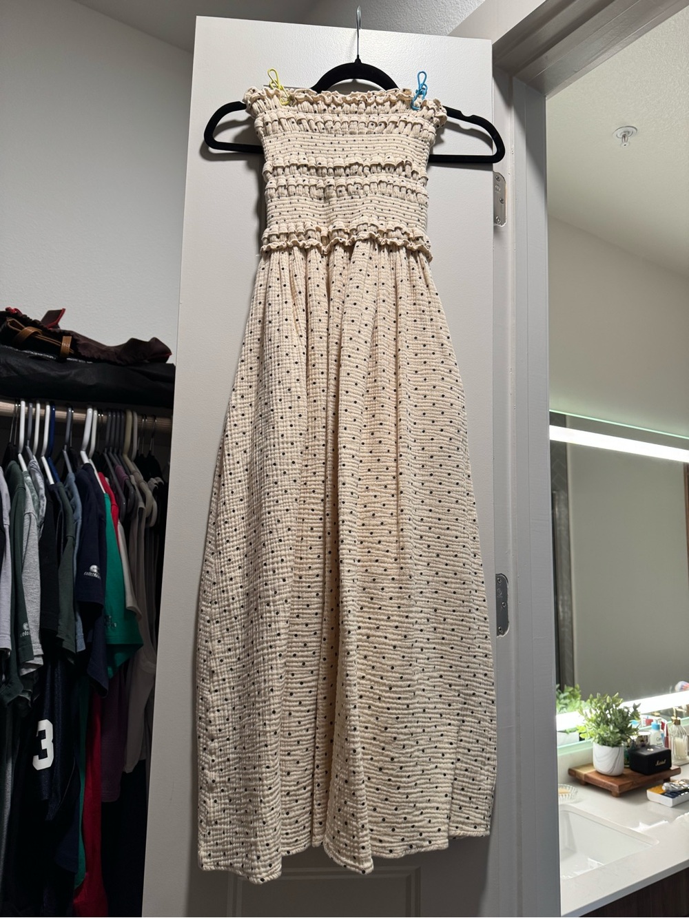 The Reset Strapless Cream Maxi Dress with Tiny Black Dot Detail